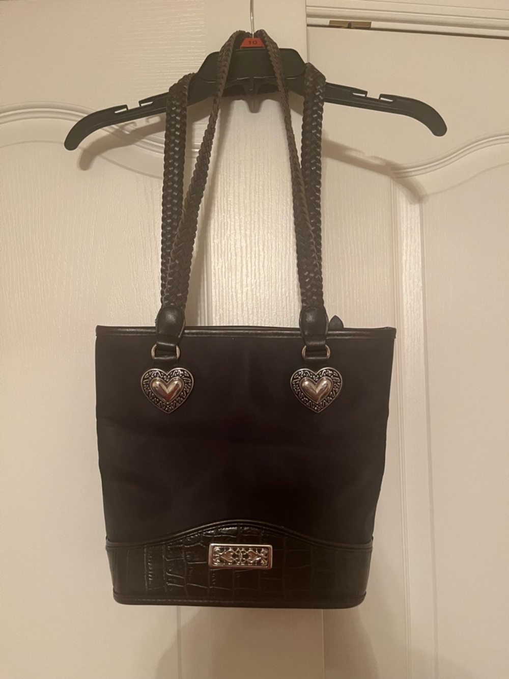 Braided-Handle Black Tote with Heart Accent